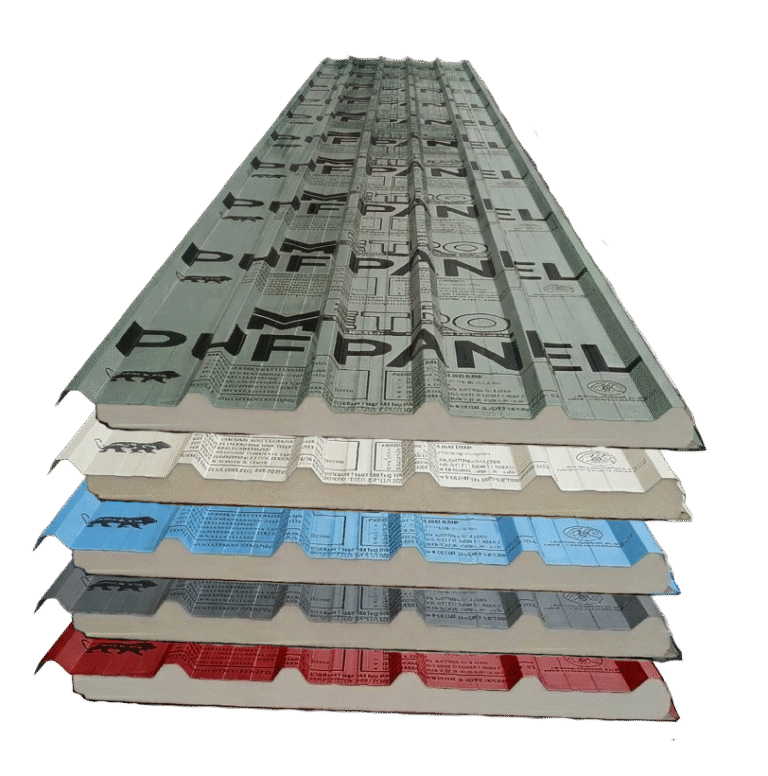 Sandwich PUF Panel cross-section showing PUF foam core and interlocking steel facing — Metro PUF Industries Bangalore