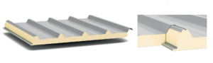 Sandwich PUF Panel cross-section showing PUF foam core and interlocking steel facing — Metro PUF Industries Bangalore